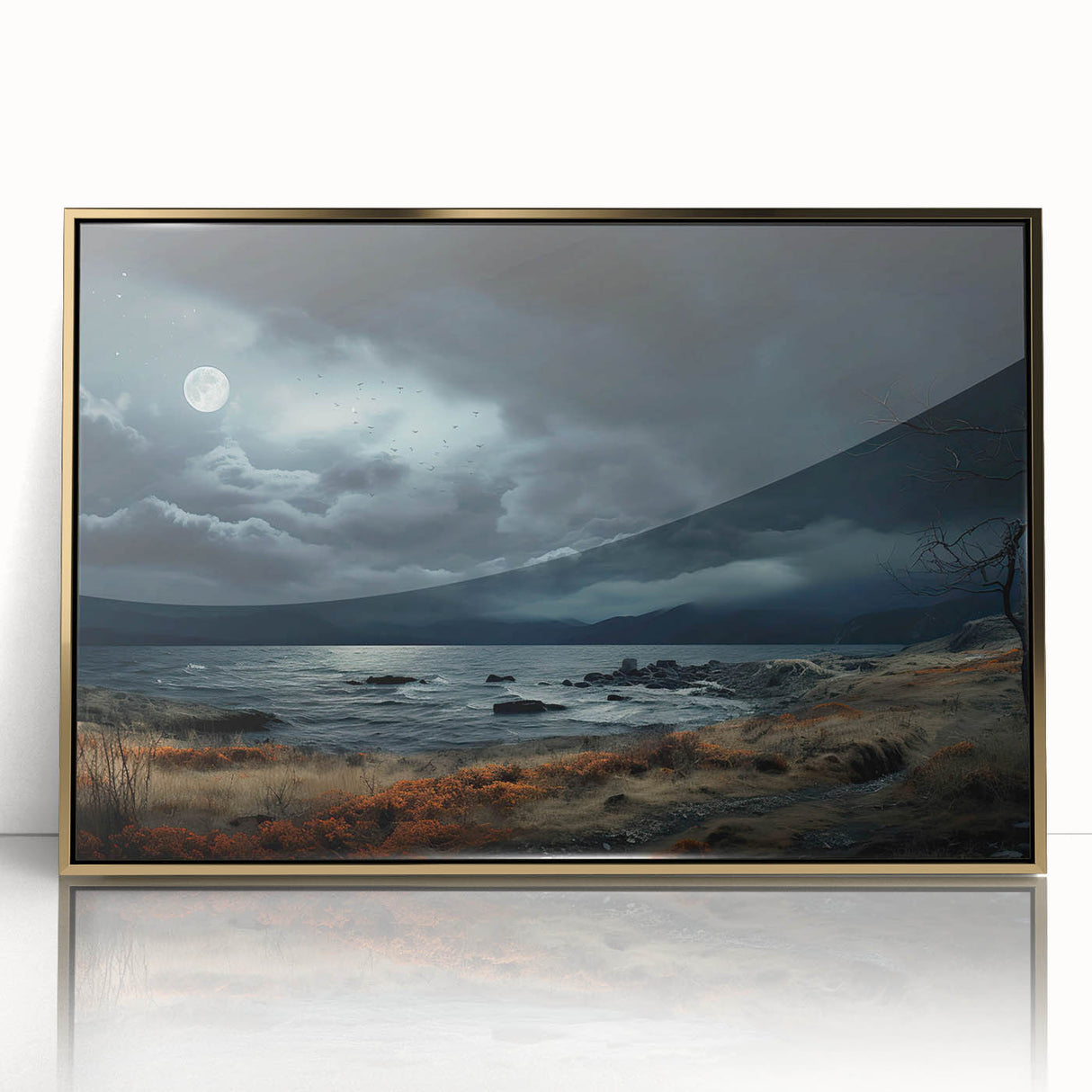 Framed wall art collection showcasing an elegant landscapes and skyscapes design, featuring a gold-accented frame that enhances its aesthetic appeal. Perfect for modern home decor.