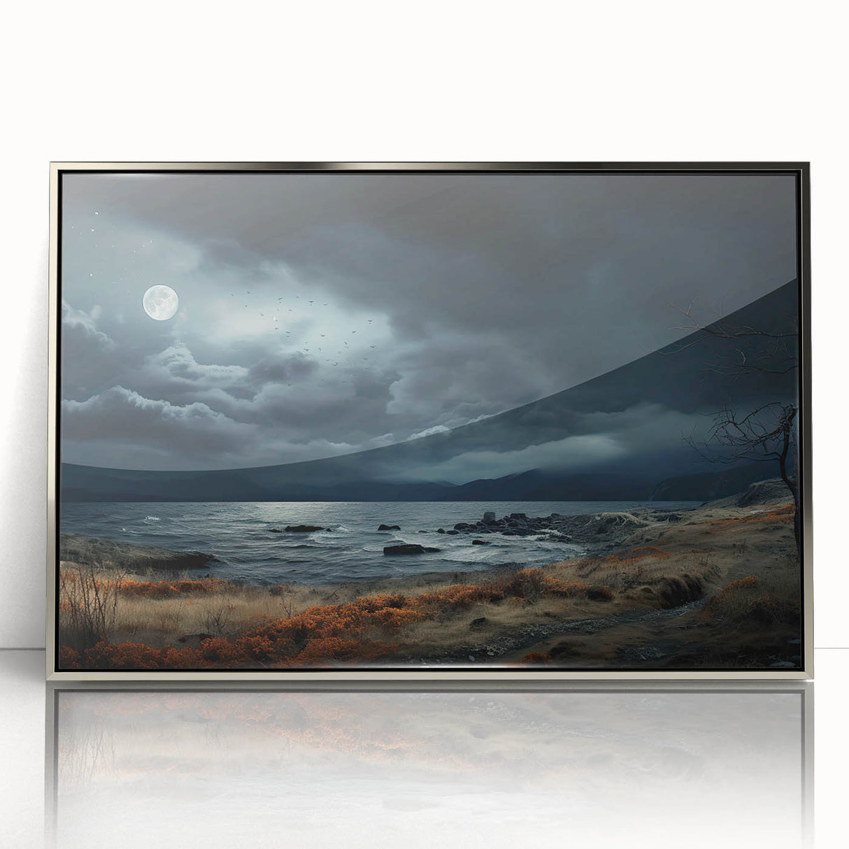 Framed acrylic wall art collection showcasing a stunning landscape design with vibrant colors, set in a sleek silver frame, ideal for modern decor.