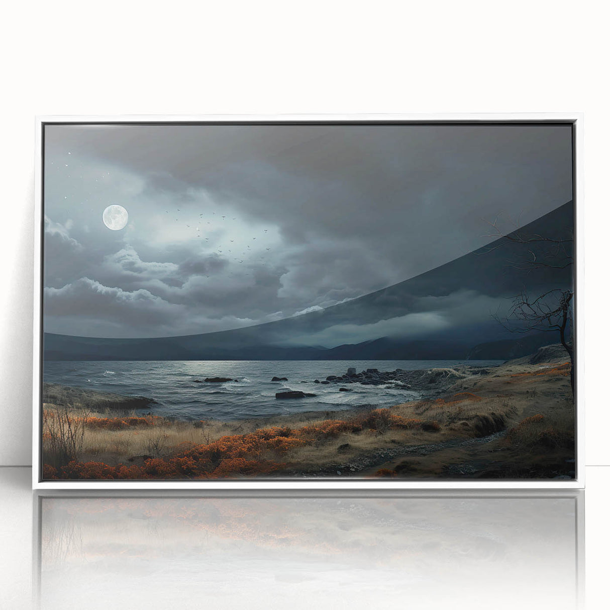 Framed acrylic wall art showcasing a stunning skyscape design with vibrant colors, elegantly presented in a white frame for a modern aesthetic. Perfect for enhancing home decor.