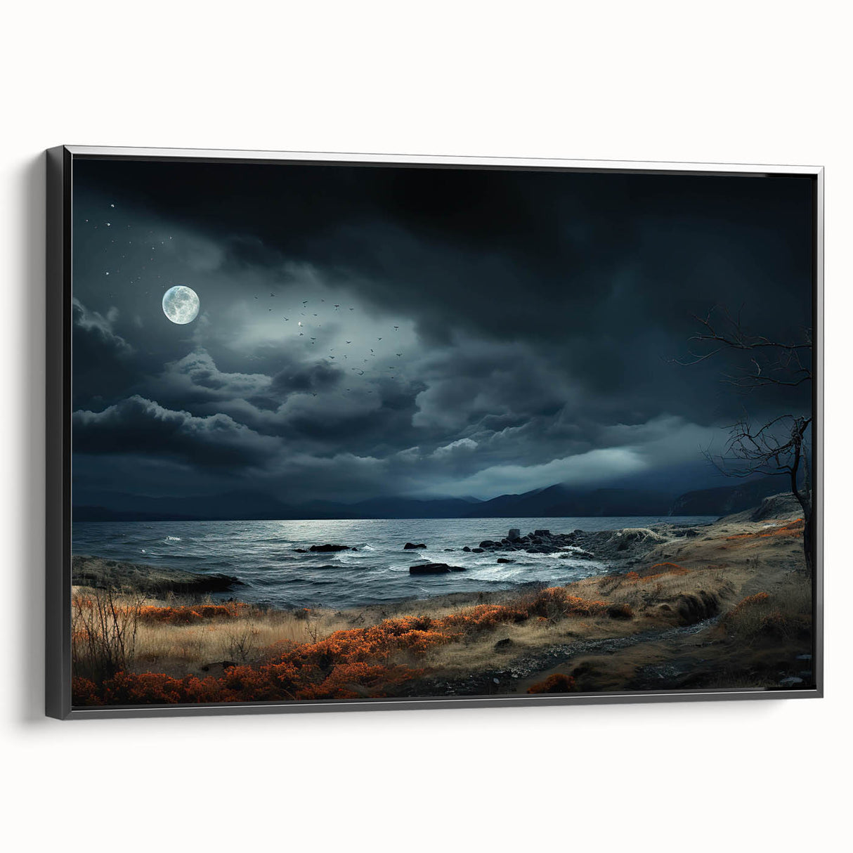 Framed canvas wall art showcasing a serene landscape with vibrant colors, displayed in a sleek black frame, perfect for modern home decor.