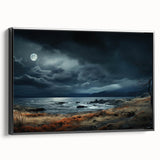 Framed canvas wall art showcasing a serene landscape with vibrant colors, displayed in a sleek black frame, perfect for modern home decor.
