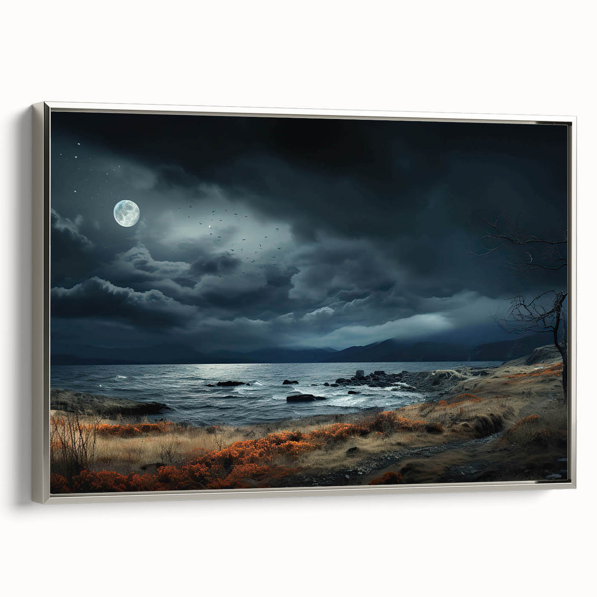Framed canvas wall art showcasing a serene landscape with soft hues of blue and gray, complemented by a sleek silver frame, ideal for modern home decor.