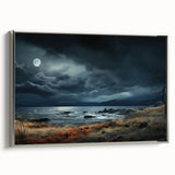 Framed canvas wall art showcasing a serene landscape with soft hues of blue and gray, complemented by a sleek silver frame, ideal for modern home decor.