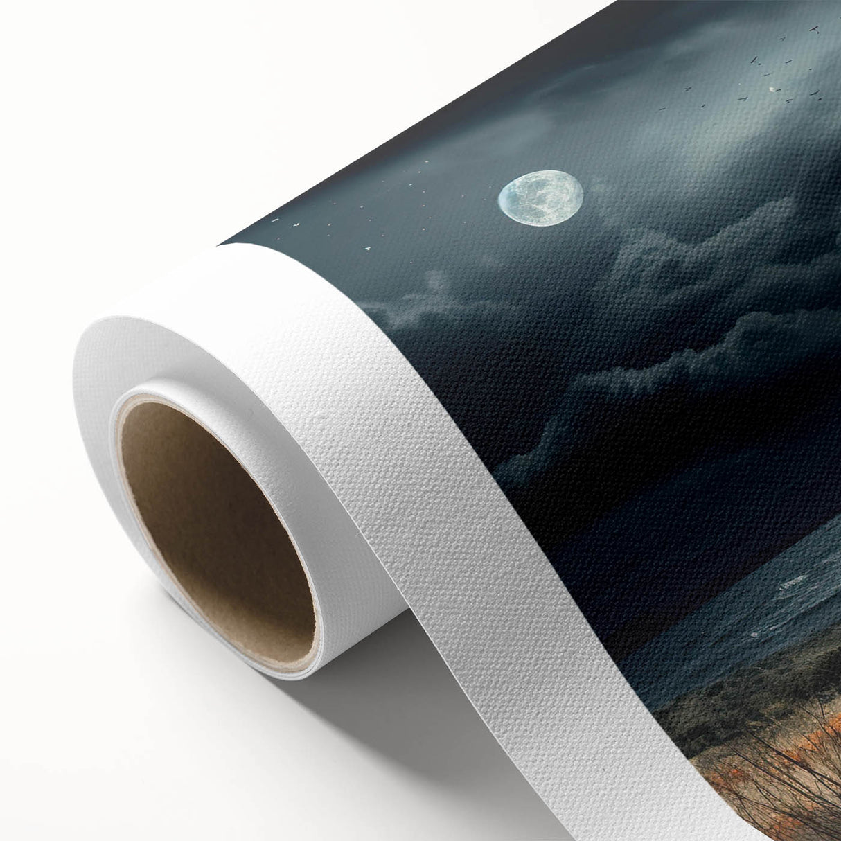 Colorful rolled canvas artwork featuring a serene landscape with vibrant skies and abstract designs, ideal for home decor and artistic expression. Perfect for enhancing interior spaces.