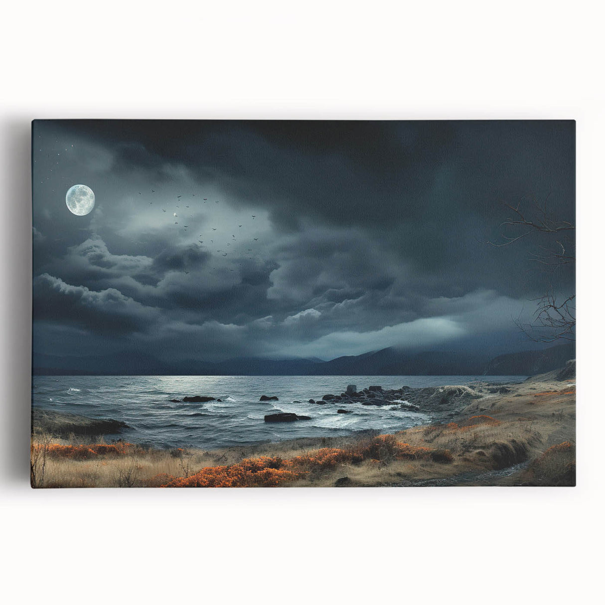 Stretched canvas wall art showcasing a vibrant skyscape design, featuring bold colors and intricate details, perfect for enhancing modern home decor.