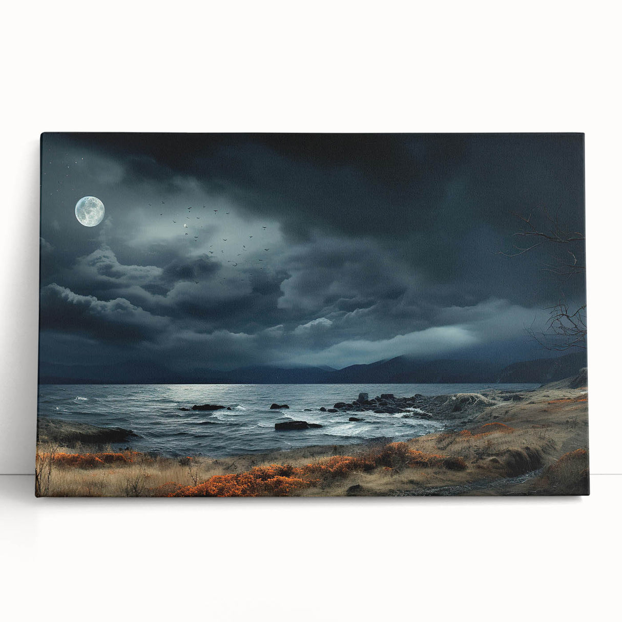 Stretched canvas wall art featuring a serene landscape design with soft pastel colors, leaning against a textured wall, perfect for home decor.