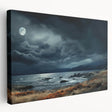 Stretched canvas wall art featuring a vibrant landscape design showcasing a sunset over rolling hills, perfect for home decor. The piece includes rich colors and intricate details, ideal for adding a serene atmosphere to any room.