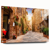 Acrylic glass wall art collection showcasing a vibrant street landscape design, featuring colorful urban scenes and intricate details, displayed from a side view with visible pins. Perfect for adding modern flair to home decor.
