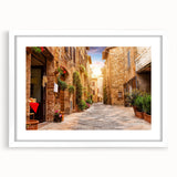 Framed wall art showcasing a vibrant landscape design with streets and nature elements, featuring a white mat around the artwork for an elegant presentation.