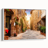 Framed canvas wall art featuring a contemporary street landscape design in white, showcasing vibrant colors and intricate details, perfect for modern home decor.