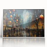 Framed acrylic wall art featuring a vibrant street landscape design, showcasing colorful buildings and urban elements, perfect for modern home decor.