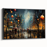 Framed canvas wall art showcasing a modern street landscape design with vibrant colors and intricate details, viewed from the side with a sleek black frame. Ideal for contemporary home decor.