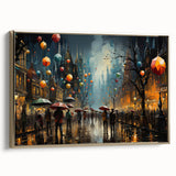 Framed canvas wall art depicting a vibrant landscape scene with colorful streets and gold accents, ideal for modern home decor and interior design.