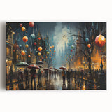 Stretched canvas wall art showcasing a vibrant city landscape design, featuring colorful buildings and bustling streets, perfect for modern home decor.