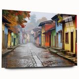 Acrylic glass wall art collection showcasing a vibrant street landscape design, presented in a side view without pins, perfect for modern home decor.