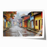 Rolled print of a vibrant landscape street design, showcasing colorful buildings and trees, designed for wall art decor. Ideal for modern home aesthetics.