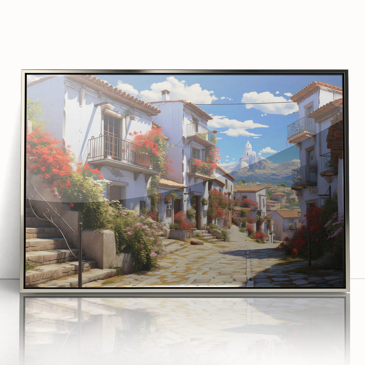 Framed acrylic wall art depicting a vibrant street landscape design, featuring a silver frame that enhances the colorful details, perfect for modern home decor.