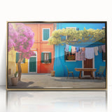 Framed acrylic wall art depicting a vibrant city street landscape design with gold accents, perfect for modern home decor. Ideal for adding a touch of elegance to any room.