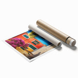 Rolled print of a vibrant urban landscape wall art design showcasing colorful street scenes, designed for modern decor. Ideal for enhancing interior spaces.
