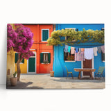 Stretched canvas wall art depicting a vibrant city street design, showcasing colorful buildings and lively urban life, perfect for modern home decor.