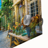 Close-up of a vibrant acrylic glass wall art piece showcasing a dynamic urban landscape design, featuring bold colors and intricate details, perfect for modern decor.