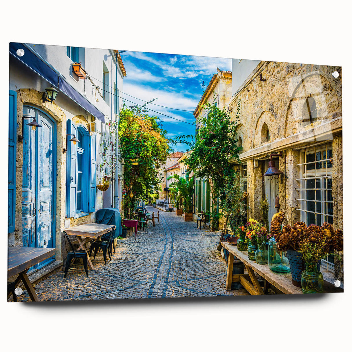 Acrylic glass wall art showcasing a vibrant street landscape design, featuring rich colors and intricate details. Perfect for modern home decor, highlighting urban aesthetics.