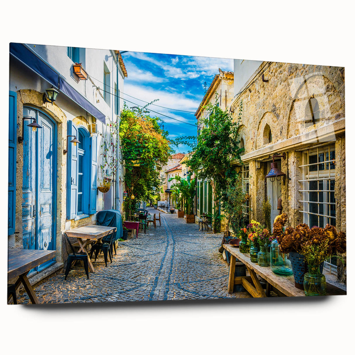 Acrylic glass wall art featuring a vibrant street landscape design, showcasing colorful buildings and a dynamic urban scene, ideal for modern home decor.