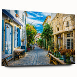 Acrylic glass wall art featuring a vibrant street landscape design, showcasing colorful buildings and a dynamic urban scene, ideal for modern home decor.