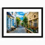 Framed wall art featuring a stunning landscape design with streetscape elements, presented in a black frame with a white mat, ideal for modern home decor.