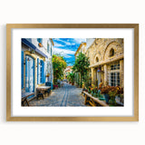 Gold-framed wall art featuring a vibrant landscape design, displayed with a mat, showcasing intricate details and rich colors, perfect for home decor enhancement.
