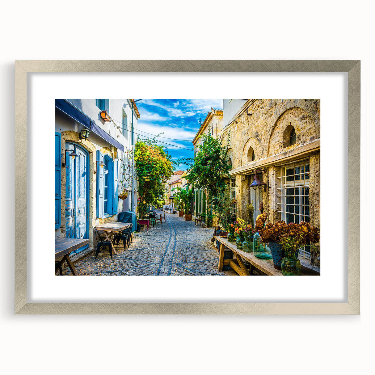 Framed silver wall art featuring a stunning city landscape design, showcasing vibrant colors and intricate details, perfect for modern home decor.