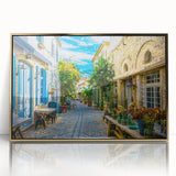Framed acrylic wall art showcasing a vibrant landscape design with golden accents, perfect for modern decor, adding elegance and sophistication to any room.