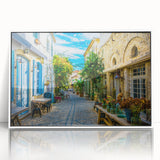 Framed acrylic wall art showcasing a vibrant city street landscape design, with a sleek white frame, ideal for modern home decor and enhancing interiors.