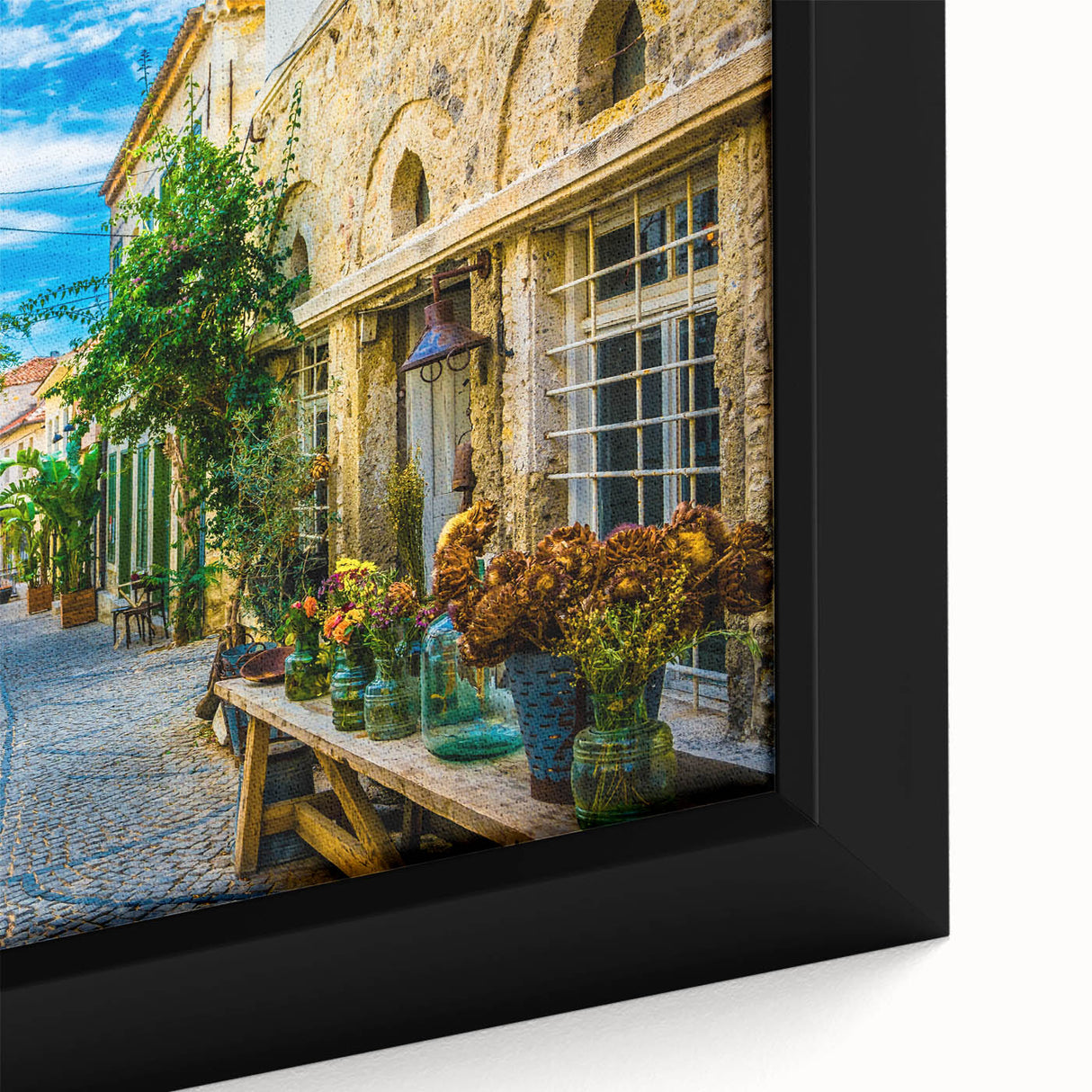 Framed canvas wall art showcasing a vibrant, abstract landscape design with bold colors and intricate details, perfect for modern home decor.