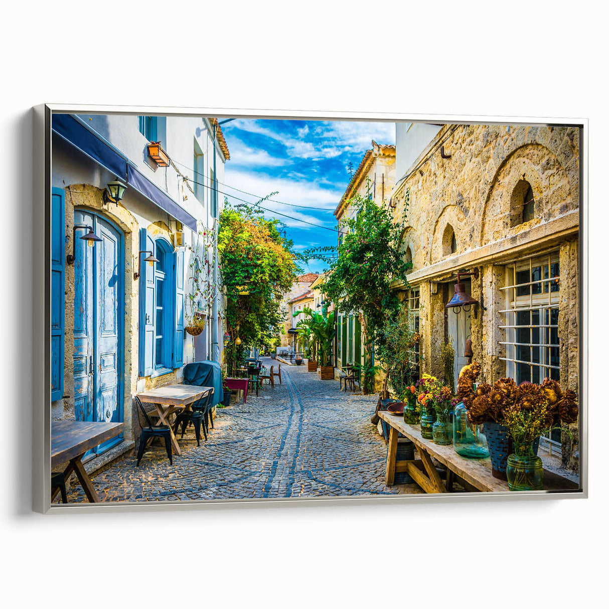 Framed canvas wall art showcasing a modern street landscape design in silver tones, perfect for home decor, emphasizing urban aesthetics and artistic flair.