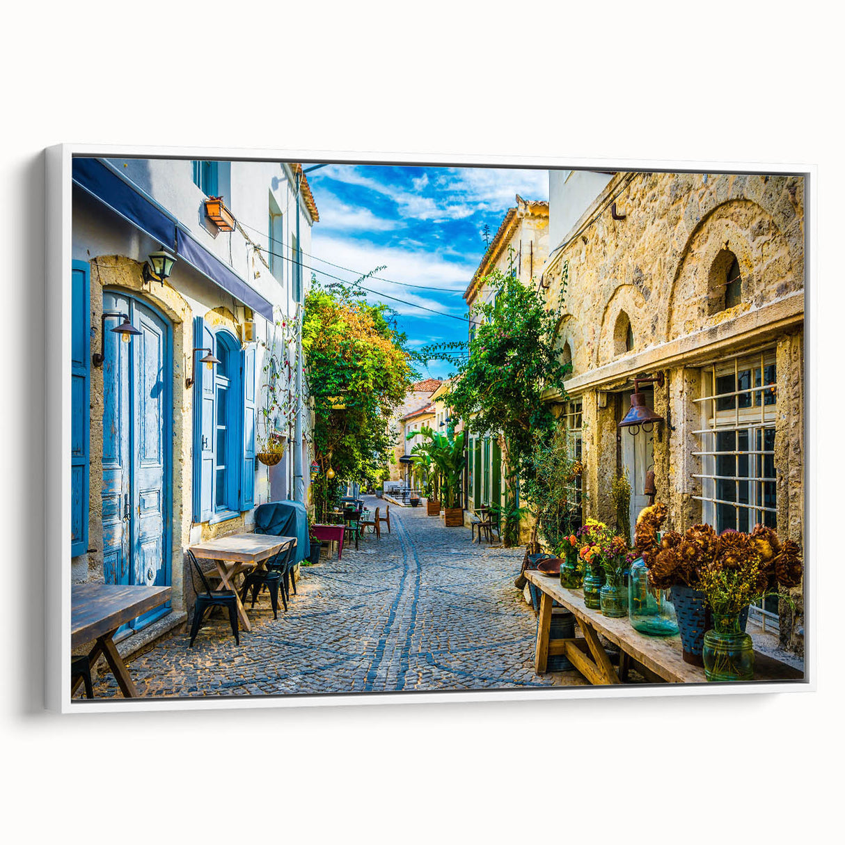 Framed canvas wall art showcasing a serene street landscape design in soft pastel colors, elegantly displayed against a white background, perfect for home decor.