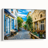 Framed canvas wall art showcasing a serene street landscape design in soft pastel colors, elegantly displayed against a white background, perfect for home decor.