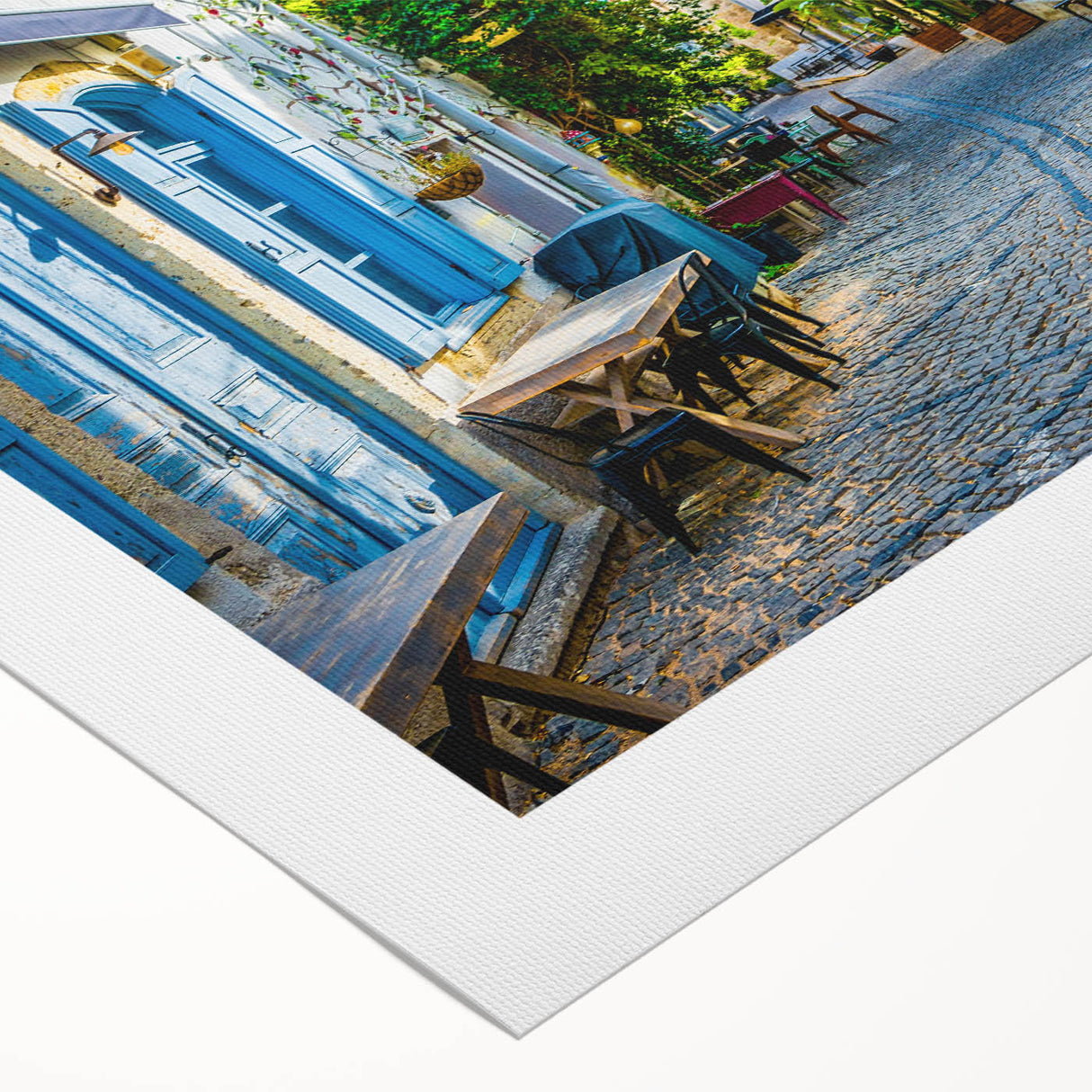 Rolled canvas showcasing a vibrant urban landscape design with intricate street scenes, featuring bold colors and dynamic shapes, perfect for modern home decor.