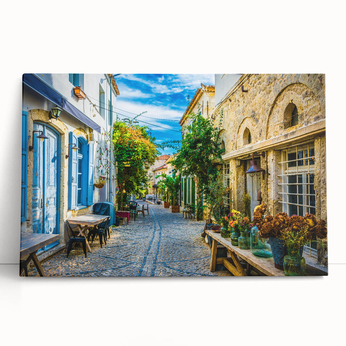 Stretched canvas wall art showcasing a vibrant landscape scene with abstract street designs, featuring rich colors and dynamic shapes, perfect for modern decor.