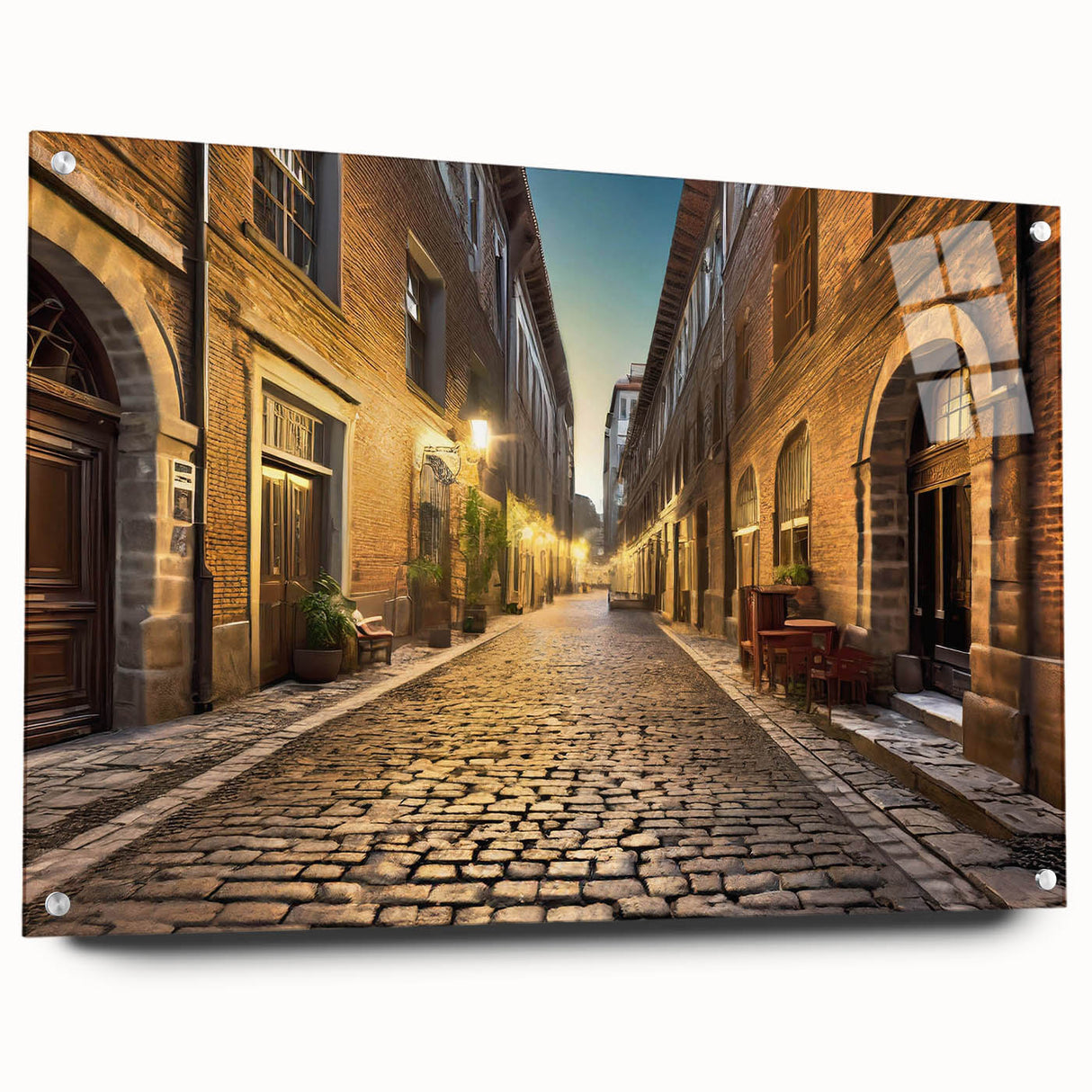 Acrylic glass wall art collection showcasing a vibrant landscape design with vivid colors, displayed in a modern side view with decorative pins. Ideal for enhancing home decor.