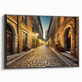 Framed canvas wall art showcasing a modern street landscape design in a black frame, highlighting vibrant colors and intricate details, perfect for home decor.