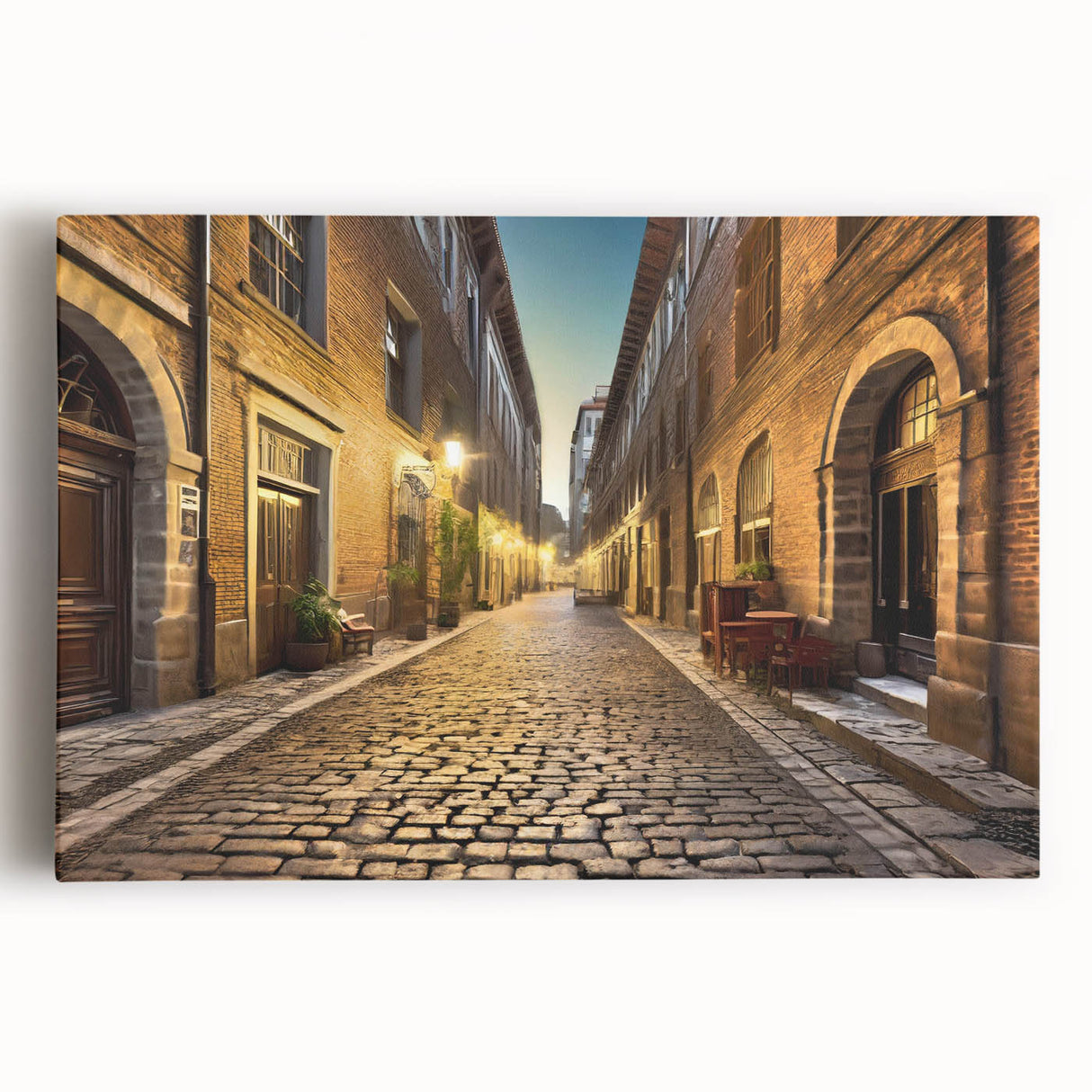 Stretched canvas wall art featuring a vibrant street landscape design, showcasing colorful buildings and urban elements, perfect for home decor or office spaces.