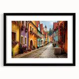 Framed black wall art featuring a modern landscape street design, showcasing vibrant colors and intricate details, perfect for contemporary home decor.