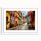 Framed wall art showcasing a serene landscape design with vibrant colors and intricate details, featuring a white mat and sleek frame, perfect for home decor.