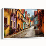 Framed canvas wall art showcasing a serene street landscape design, featuring vibrant colors and intricate details, ideal for modern home decor enhancement.