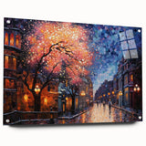 Acrylic glass wall art collection showcasing a vibrant street landscape design, viewed from the side with visible mounting pins, perfect for modern decor.