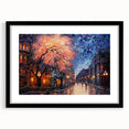 Framed black wall art featuring a serene urban landscape design, showcasing intricate street details and vibrant colors, enhancing modern home decor aesthetics.