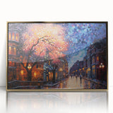 Framed wall art showcasing a modern landscape design with vibrant colors and accents of gold, perfect for enhancing contemporary interiors.