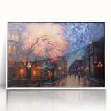 Framed acrylic wall art featuring a vibrant cityscape design in a sleek white frame, showcasing intricate details and colors, perfect for modern home decor.