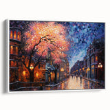 Framed canvas wall art showcasing a modern city landscape design with vibrant colors, displayed against a white backdrop, perfect for contemporary decor.